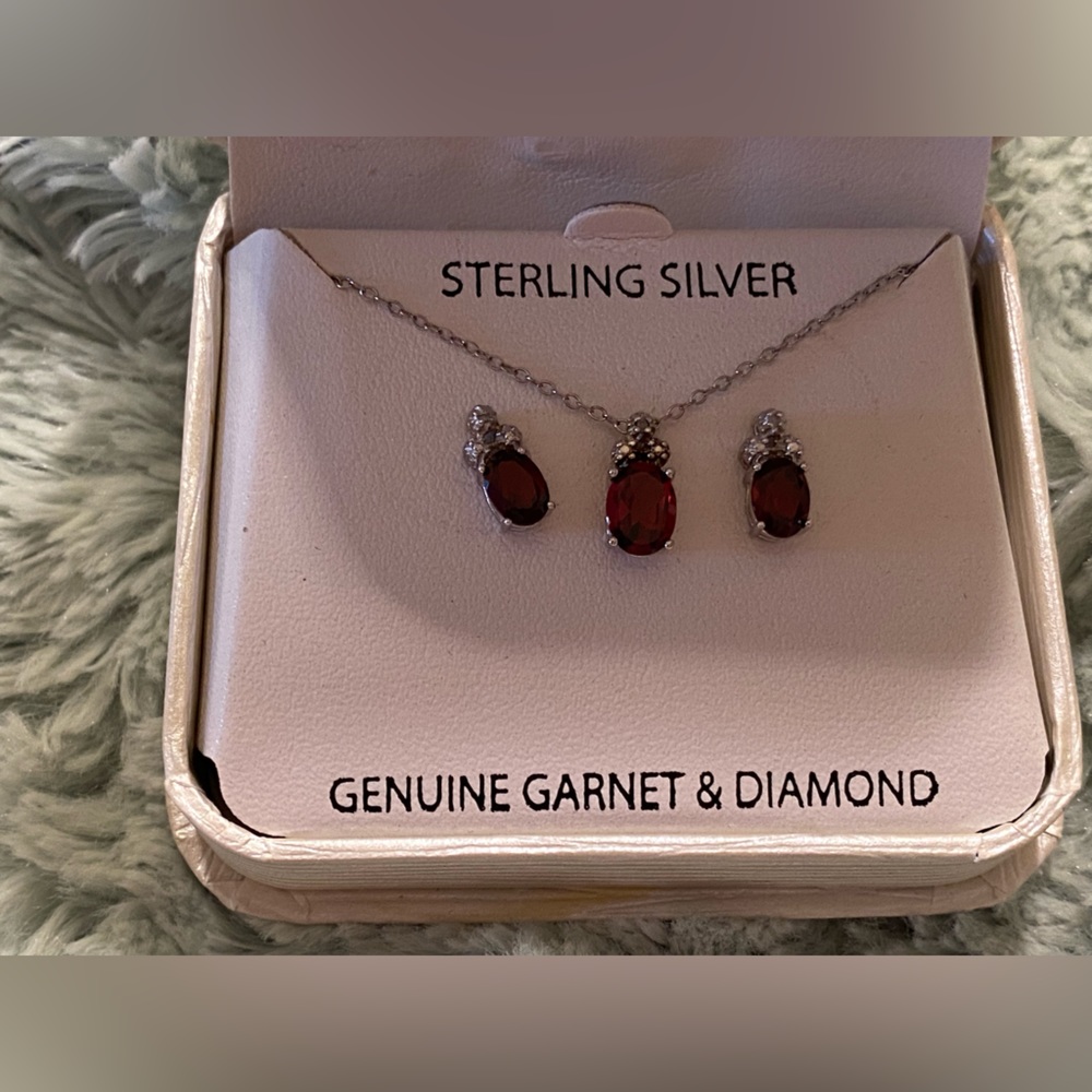 Garnet and Diamond Sterling Silver Set - New